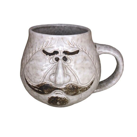 Vintage Studio Art Pottery Large Funny Mustache Face Coffee Mug - Picture 1 of 7